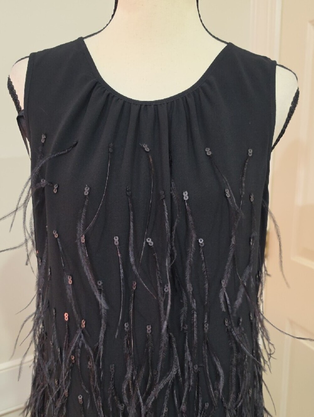 Talbots Petites Black Sequin and Feather-Trim Cocktail Shift Dress - Size 8P - Picture 3 of 9